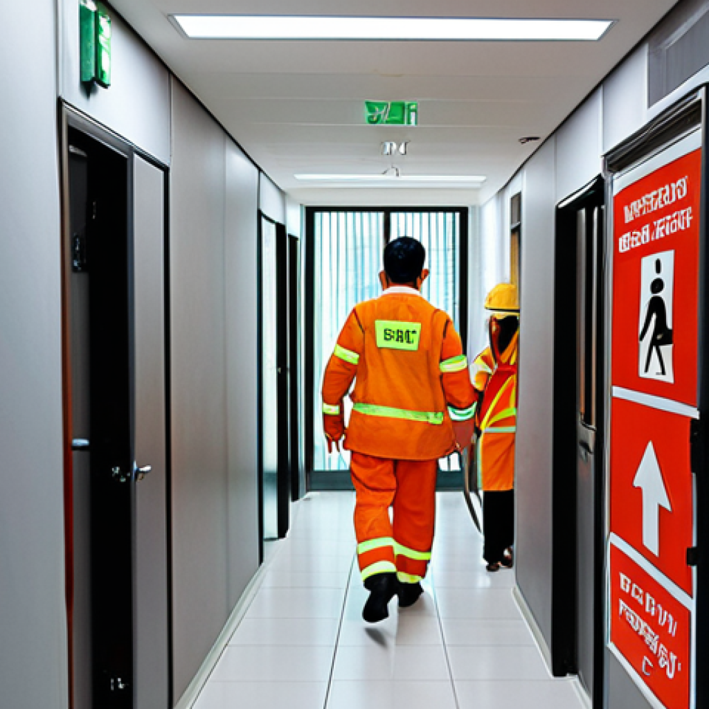 ** Fire drill evacuation in a modern Thai office building. Show employees calmly following a clearly marked evacuation route. Emphasize exit signs and emergency lighting.

**