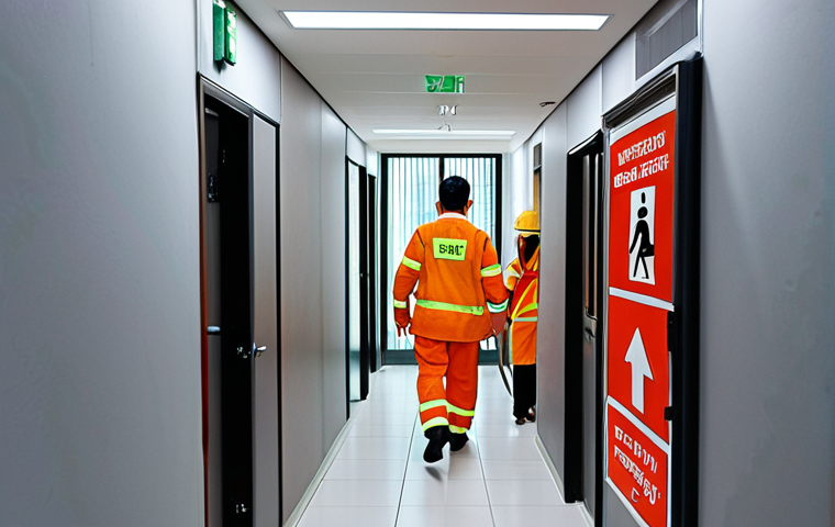 ** Fire drill evacuation in a modern Thai office building. Show employees calmly following a clearly marked evacuation route. Emphasize exit signs and emergency lighting.
**