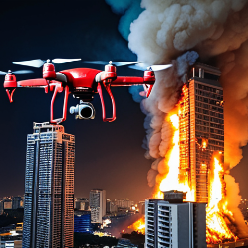Home 25 Firefighting Drone Over Bangkok Skyscraper**
Prompt: *Firefighting drone equipped with thermal camera hovering over a modern skyscraper in Bangkok, Thailand. Smoke billowing from upper floors. Thai firefighters on the ground monitoring the drone's feed on a tablet. Dramatic lighting, emphasizing the contrast between the fire and the cool technology. Night scene.*
**