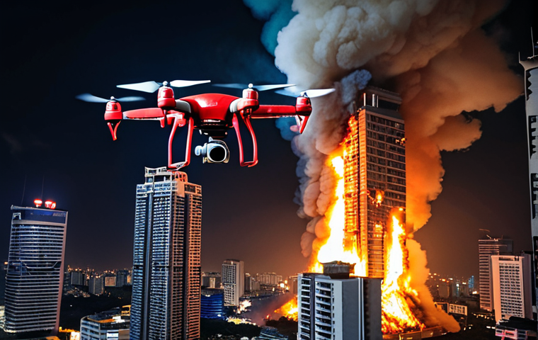 Firefighting Drone Over Bangkok Skyscraper**

Prompt: *Firefighting drone equipped with thermal camera hovering over a modern skyscraper in Bangkok, Thailand. Smoke billowing from upper floors. Thai firefighters on the ground monitoring the drone's feed on a tablet. Dramatic lighting, emphasizing the contrast between the fire and the cool technology. Night scene.*

**