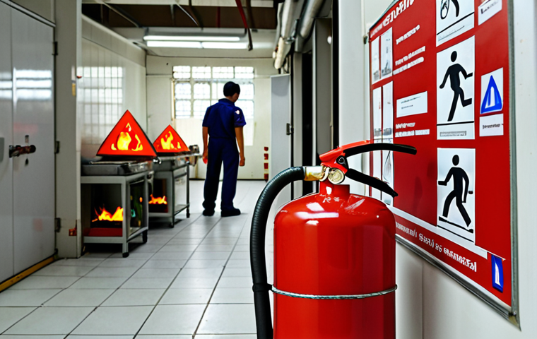 **
Prompt: Fire safety risk assessment in a factory in Thailand. Show workers identifying potential fire hazards (flammable materials, faulty wiring) with a checklist. The background includes fire extinguishers and emergency exit signs. Focus on the importance of identifying risks.
**