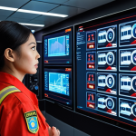A focused fire safety expert, either a man or a woman, meticulously analyzing real-time data on glowing holographic screens within the intricate control room of a high-rise smart building in a bustling Thai city. The scene emphasizes advanced IoT sensors, interconnected systems, and AI-driven analytics, showcasing a proactive approach to fire prevention. Sophisticated equipment and complex digital interfaces surround the expert, highlighting the high-tech demands and critical decision-making in modern fire safety. Cinematic lighting, realistic detail, professional atmosphere.