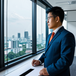 A highly skilled Thai fire safety engineer, professionally dressed in a modest business suit, stands in a modern architectural office. He is analyzing a holographic projection of a complex building blueprint, which displays real-time data from IoT sensors and AI predictions for fire risk assessment. The background features large windows overlooking a bustling city and digital screens showing analytics. The scene emphasizes proactive design and the integration of technology in fire prevention. fully clothed, appropriate attire, safe for work, professional, perfect anatomy, correct proportions, natural pose, well-formed hands, proper finger count, natural body proportions, professional photography, high quality, ultra-detailed, cinematic lighting.