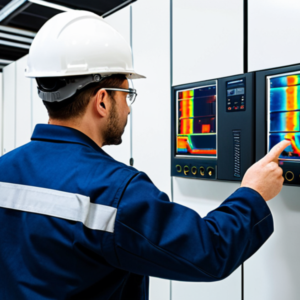 A professional safety engineer in a modest, appropriate uniform, meticulously inspecting a complex electrical control panel with a thermal camera, hot spots visible as color variations on the camera's screen. Smart heat and smoke detectors are visible on the ceiling of a clean, modern industrial data center. The scene is well-lit, professional photography, high detail, realistic, perfect anatomy, correct proportions, natural pose, well-formed hands, proper finger count, natural body proportions, safe for work, appropriate content, fully clothed, professional.