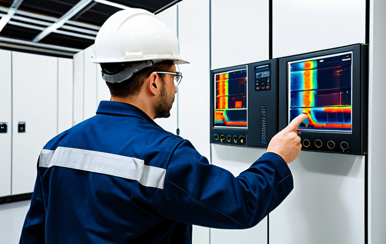 A professional safety engineer in a modest, appropriate uniform, meticulously inspecting a complex electrical control panel with a thermal camera, hot spots visible as color variations on the camera's screen. Smart heat and smoke detectors are visible on the ceiling of a clean, modern industrial data center. The scene is well-lit, professional photography, high detail, realistic, perfect anatomy, correct proportions, natural pose, well-formed hands, proper finger count, natural body proportions, safe for work, appropriate content, fully clothed, professional.
