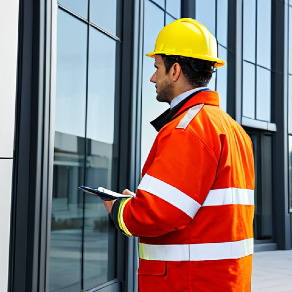 A professional fire safety manager in a modest work uniform, inspecting a modern office building, fully clothed, appropriate attire, safe for work, perfect anatomy, natural proportions, professional photography, high quality.
