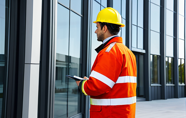 A professional fire safety manager in a modest work uniform, inspecting a modern office building, fully clothed, appropriate attire, safe for work, perfect anatomy, natural proportions, professional photography, high quality.