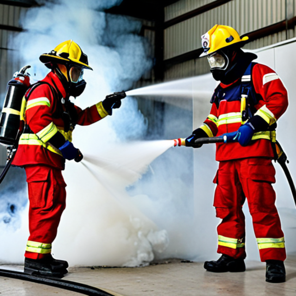 **

"A team of Thai firefighters, fully clothed in appropriate gear, conducting a fire drill in a simulated factory environment. They are practicing using fire extinguishers on a controlled fire. Focus on the teamwork and professional execution. Safe for work, appropriate content, fully clothed, professional, perfect anatomy, correct proportions, well-lit, realistic."

**