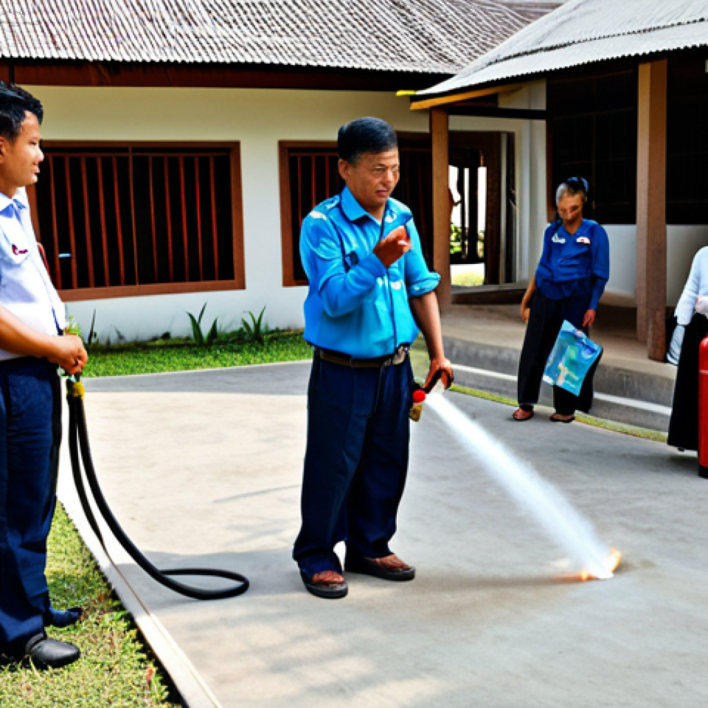 Fire Safety Training in a Community**

"A community volunteer fire safety training session in a Thai village, with participants learning how to use a fire extinguisher, fully clothed, appropriate attire, safe for work, perfect anatomy, natural proportions, professional photography, family-friendly, demonstrating proper technique, clear instructions being displayed, community members attentively watching, modest clothing."

**