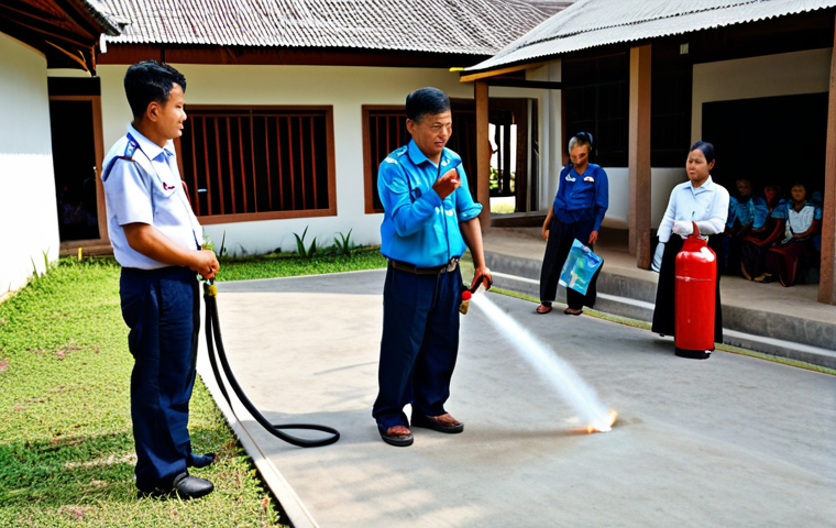 Fire Safety Training in a Community**

"A community volunteer fire safety training session in a Thai village, with participants learning how to use a fire extinguisher, fully clothed, appropriate attire, safe for work, perfect anatomy, natural proportions, professional photography, family-friendly, demonstrating proper technique, clear instructions being displayed, community members attentively watching, modest clothing."

**