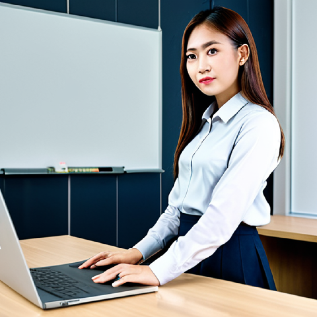 **

A modern office interior in Bangkok, Thailand. A young professional, fully clothed in a modest business outfit (skirt and blouse), stands near a desk with a laptop. Focus on fire safety awareness: clearly visible fire extinguisher, smoke detector, and evacuation plan posted on the wall. Safe for work, appropriate content, professional setting, perfect anatomy, natural proportions, high quality.

**