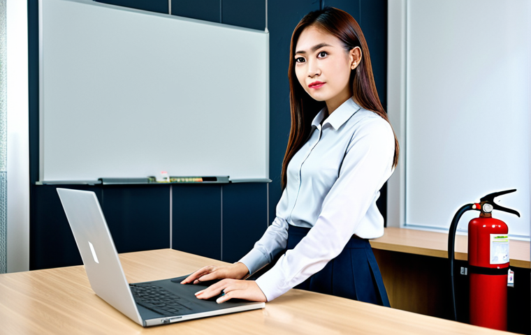 **

A modern office interior in Bangkok, Thailand. A young professional, fully clothed in a modest business outfit (skirt and blouse), stands near a desk with a laptop. Focus on fire safety awareness: clearly visible fire extinguisher, smoke detector, and evacuation plan posted on the wall. Safe for work, appropriate content, professional setting, perfect anatomy, natural proportions, high quality.

**