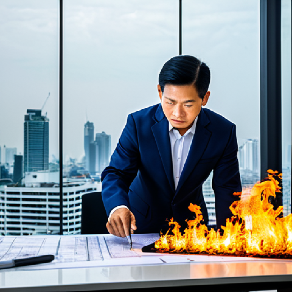 **

"A Thai fire safety engineer, fully clothed in professional attire, reviewing building blueprints with a team in a modern office. The background shows a cityscape of Bangkok. Safe for work, appropriate content, perfect anatomy, natural proportions, professional, well-lit, high quality."

**