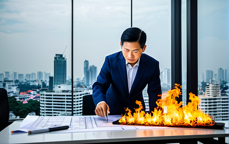 **

"A Thai fire safety engineer, fully clothed in professional attire, reviewing building blueprints with a team in a modern office. The background shows a cityscape of Bangkok. Safe for work, appropriate content, perfect anatomy, natural proportions, professional, well-lit, high quality."

**