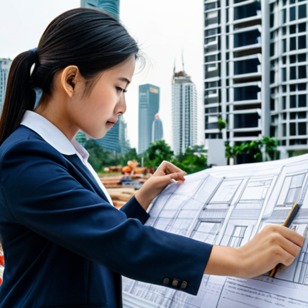 A professional female architect in a fully clothed, modest business outfit, reviewing blueprints on a construction site in Bangkok, Thailand. Background shows modern high-rise buildings. Perfect anatomy, correct proportions, natural pose, well-formed hands, proper finger count. Safe for work, appropriate content, professional, family-friendly.