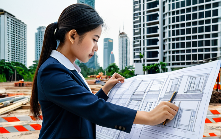 A professional female architect in a fully clothed, modest business outfit, reviewing blueprints on a construction site in Bangkok, Thailand. Background shows modern high-rise buildings. Perfect anatomy, correct proportions, natural pose, well-formed hands, proper finger count. Safe for work, appropriate content, professional, family-friendly.