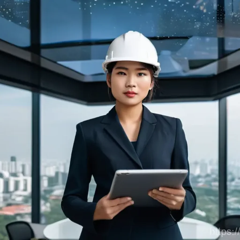 화재안전관리기술자 경력개발 로드맵 - A determined Thai female fire safety engineer, in her late 20s, with short, neat hair, stands confid...