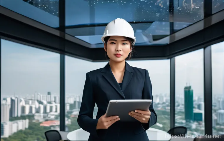 화재안전관리기술자 경력개발 로드맵 - A determined Thai female fire safety engineer, in her late 20s, with short, neat hair, stands confid...