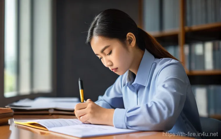 화재안전관리 기술자 중점 과목 학습법 - **Prompt 1: Dedicated Study of Fire Safety Regulations**
    A diligent young Thai woman, around 20 ...