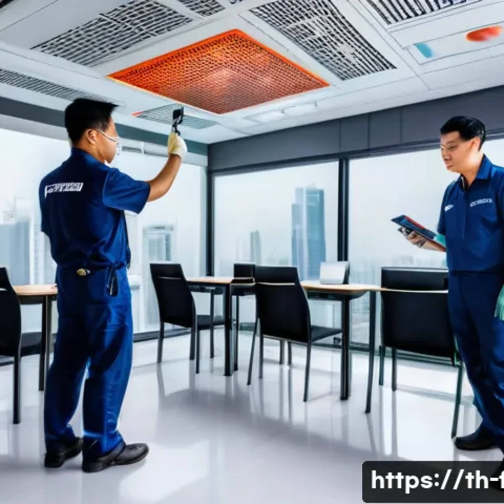 화재안전관리 실무와 관련된 최신 법령 요약 - A modern Thai office building interior with multiple smoke and heat detectors installed on the ceili...