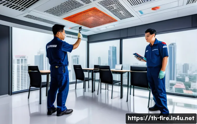 화재안전관리 실무와 관련된 최신 법령 요약 - A modern Thai office building interior with multiple smoke and heat detectors installed on the ceili...