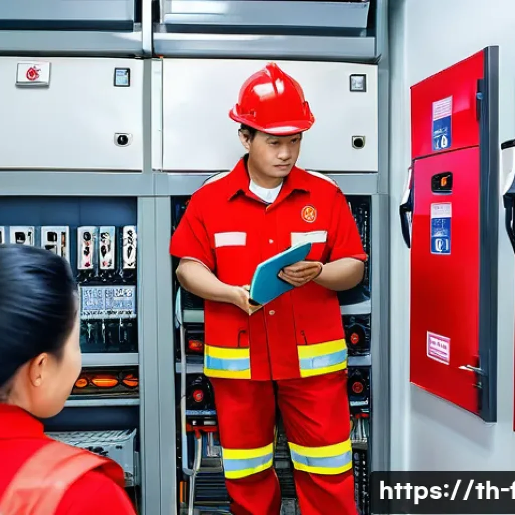 화재안전관리기술자의 주요 업무 소개 - A professional fire safety expert conducting a detailed risk assessment inside a modern Thai office ...
