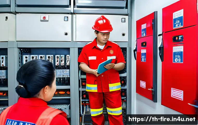 화재안전관리기술자의 주요 업무 소개 - A professional fire safety expert conducting a detailed risk assessment inside a modern Thai office ...