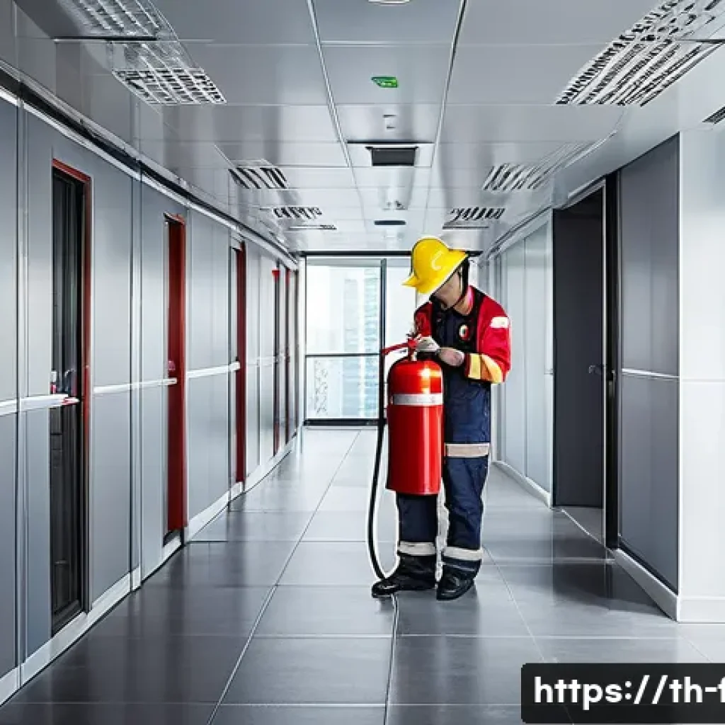 화재안전관리 기술자의 주요 직무 및 책임 분석 - A detailed scene inside a modern high-rise office building in Bangkok, showcasing a fire safety insp...