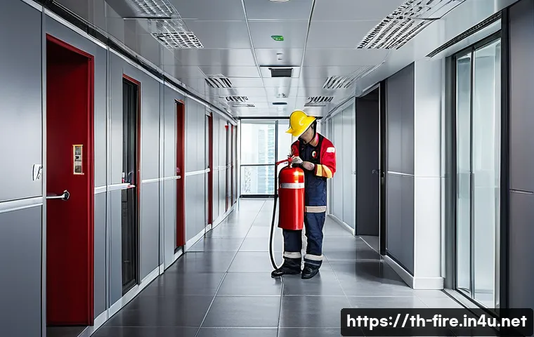 화재안전관리 기술자의 주요 직무 및 책임 분석 - A detailed scene inside a modern high-rise office building in Bangkok, showcasing a fire safety insp...