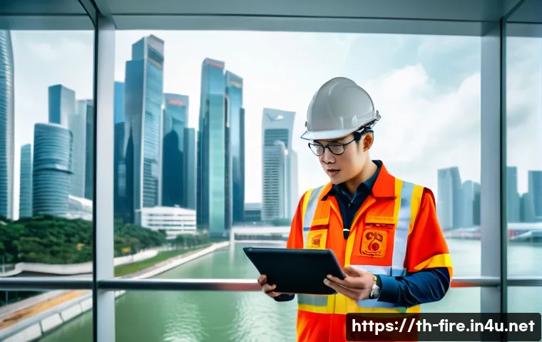 화재안전관리기술자 자격증 해외 취업 사례 - A professional fire safety expert wearing business casual attire and safety gear, standing in a mode...