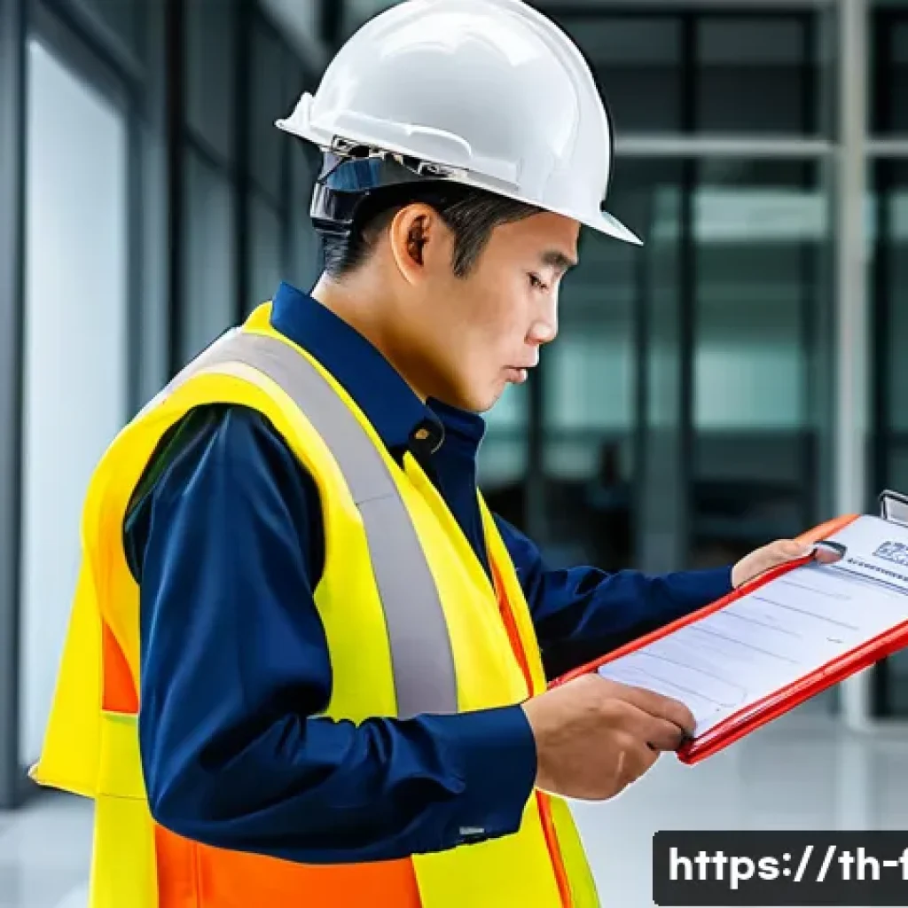 화재안전관리 기술자의 주요 직무 및 책임 분석 - A detailed scene showing a Thai fire safety expert conducting a thorough risk assessment inside a mo...