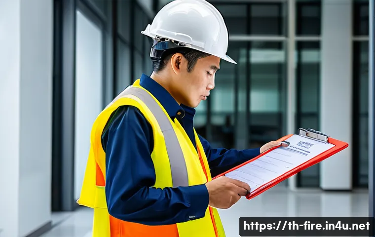 화재안전관리 기술자의 주요 직무 및 책임 분석 - A detailed scene showing a Thai fire safety expert conducting a thorough risk assessment inside a mo...