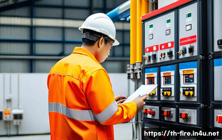 화재안전관리기술자의 경력 관리 방법 - A professional fire safety engineer in a modern industrial factory in Bangkok, Thailand, wearing cer...