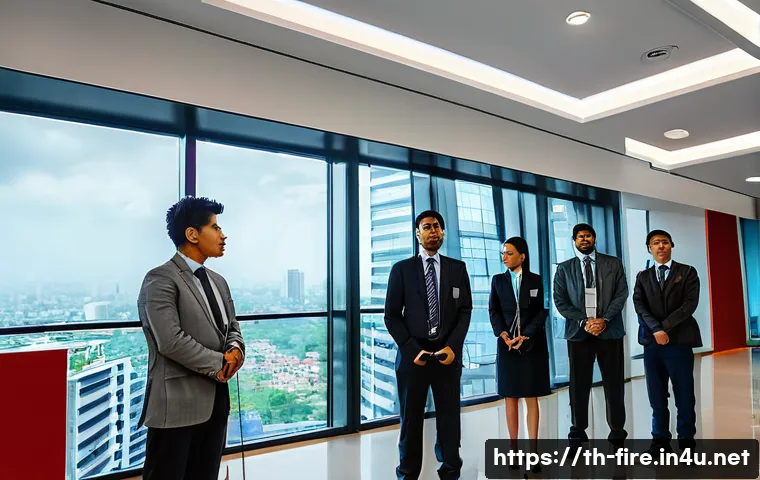 화재안전관리 기술자의 직무에서의 도전과 기회 - A modern Thai high-rise office building lobby equipped with advanced fire safety systems, featuring ...