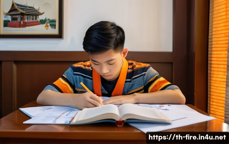 화재안전관리기술자 시험 합격 수기 - A focused Thai young adult studying efficiently at a neat desk in a quiet, well-lit room with modern...