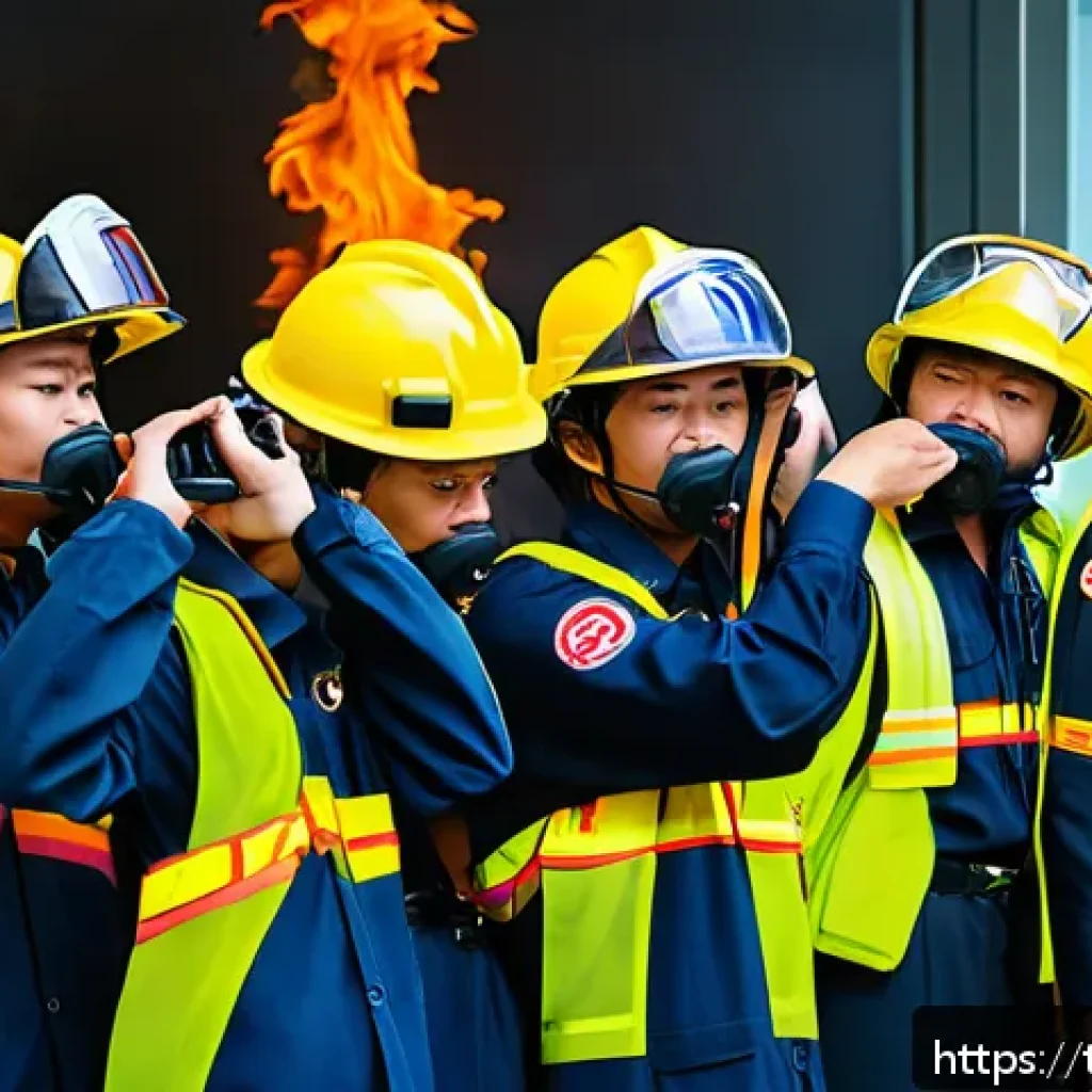화재안전관리 직무에서의 팀워크 중요성 - A diverse emergency response team actively communicating during a fire drill in a modern Bangkok off...