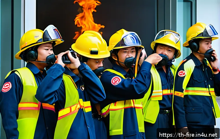 화재안전관리 직무에서의 팀워크 중요성 - A diverse emergency response team actively communicating during a fire drill in a modern Bangkok off...