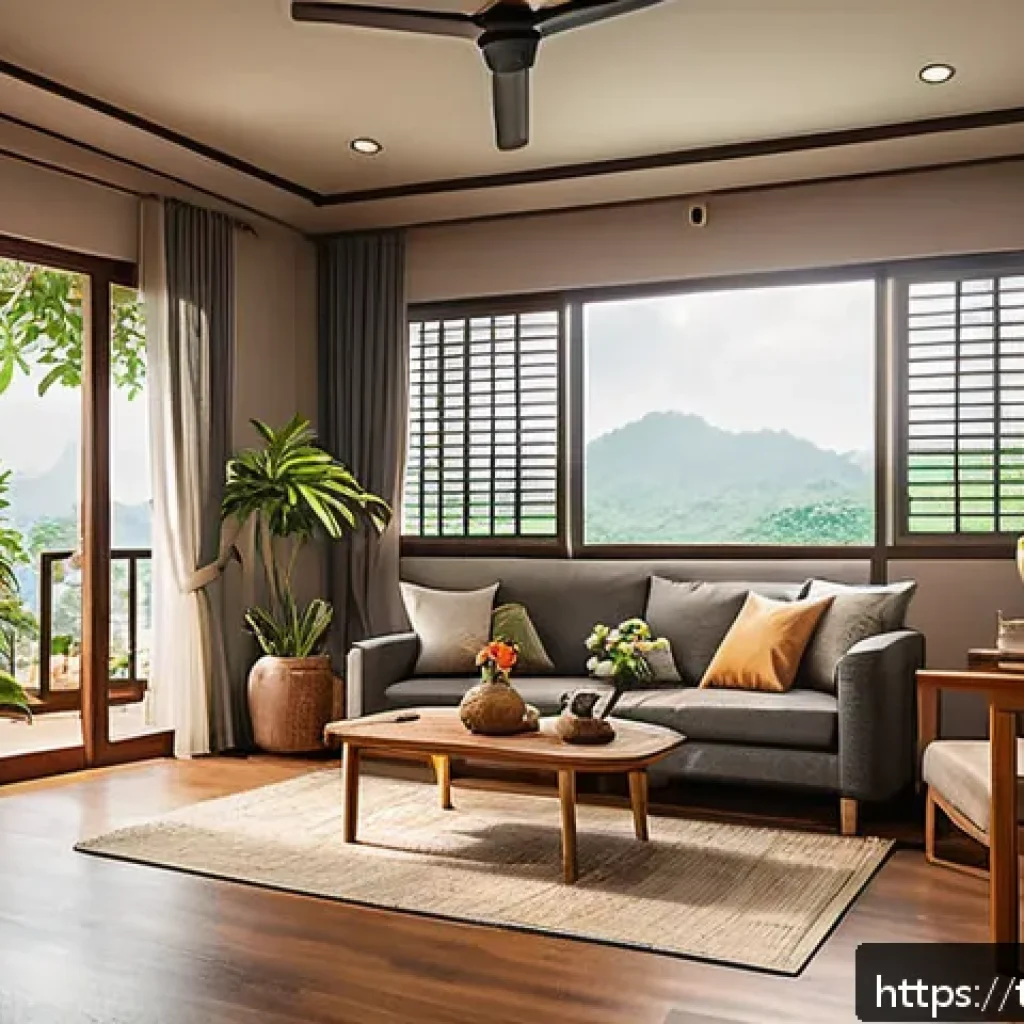 화재안전관리 관련 세미나 및 워크숍 정보 - A detailed indoor scene of a modern Thai home living room focusing on electrical safety: visibly int...