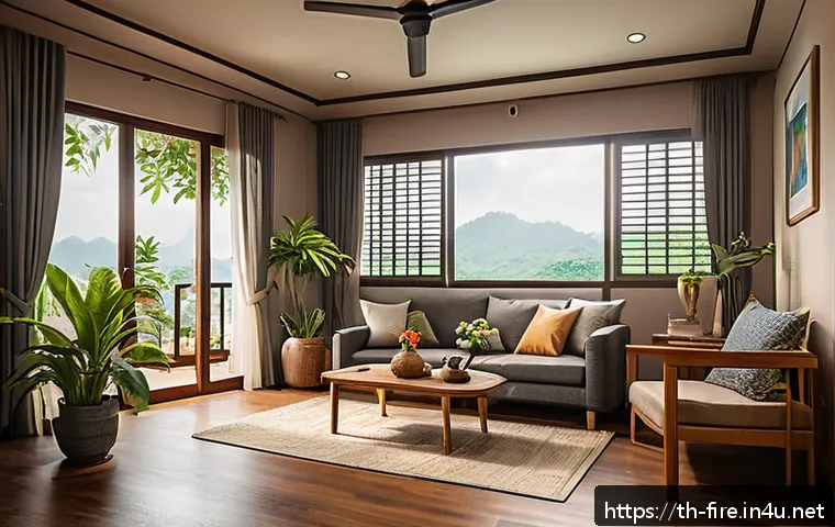 화재안전관리 관련 세미나 및 워크숍 정보 - A detailed indoor scene of a modern Thai home living room focusing on electrical safety: visibly int...