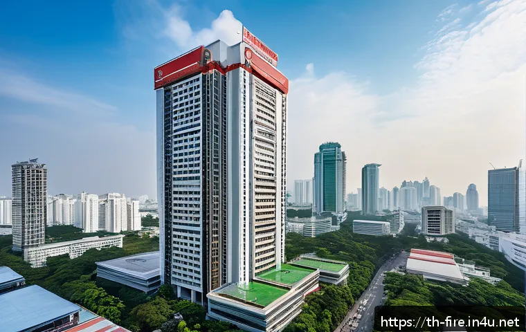 화재안전관리기술자 관련 필수 법령 요약 - A detailed cross-sectional illustration of a modern high-rise building in Bangkok showcasing compreh...