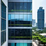 화재안전관리 실무에서의 업무 자동화 사례 - A high-tech smart fire detection system installed in a modern office building in Bangkok, featuring ...