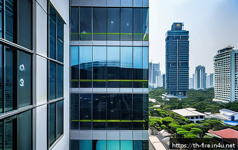 화재안전관리 실무에서의 업무 자동화 사례 - A high-tech smart fire detection system installed in a modern office building in Bangkok, featuring ...