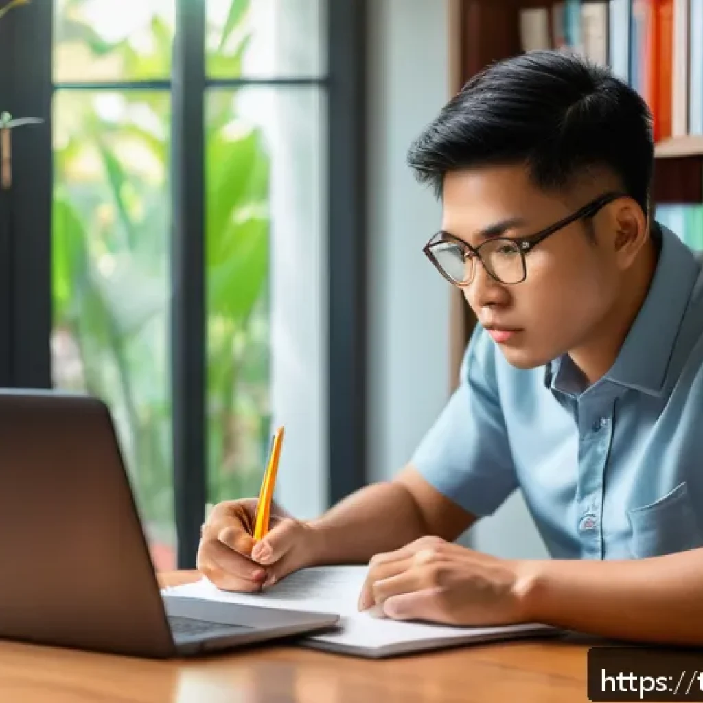 화재안전관리기술자의 자격증 취득 경험담 - A focused Thai professional studying for a fire safety certification exam at home, sitting at a wood...