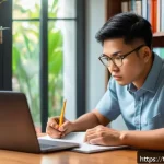 화재안전관리기술자의 자격증 취득 경험담 - A focused Thai professional studying for a fire safety certification exam at home, sitting at a wood...