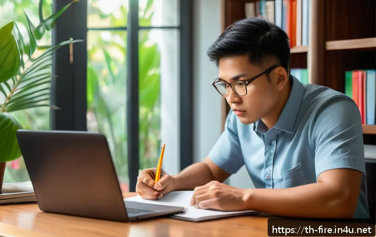 화재안전관리기술자의 자격증 취득 경험담 - A focused Thai professional studying for a fire safety certification exam at home, sitting at a wood...