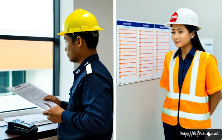 Home 25 화재안전관리 이론과 실무의 차이 - Photorealistic split-scene comparison in a modern Thai office building: on the left, a fire safety m...
