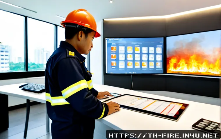 화재안전관리 실무와 관련된 최신 기술 동향 - Photorealistic fire safety manager in a modern Bangkok office building control room, Thai profession...